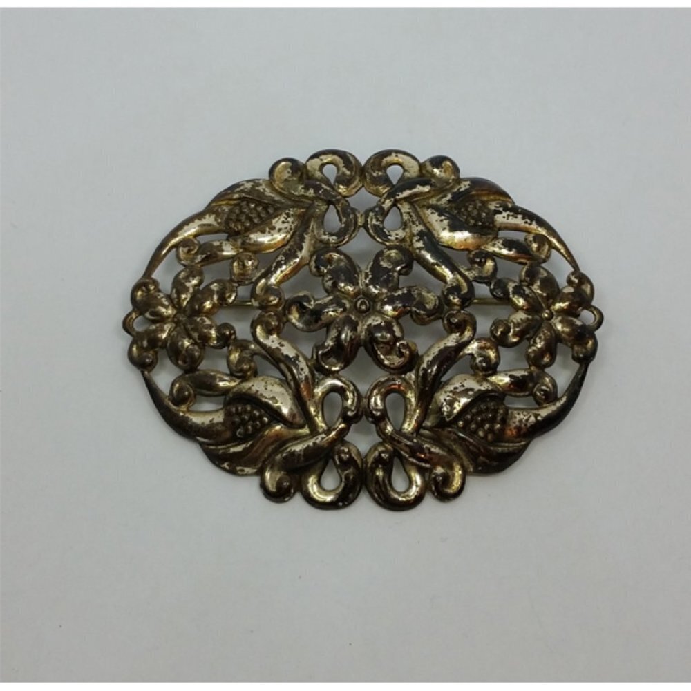 Vintage Solid Sterling Silver Filigree Crest Flower Brooch Statement 35$